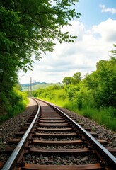 Fototapeta premium Rustic railway track disappearing into lush green landscape, serene, nostalgic