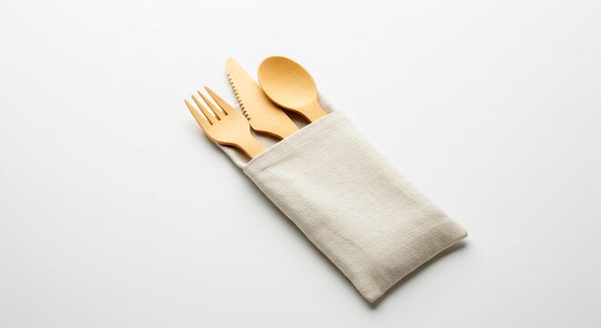 Eco-friendly bamboo cutlery set in a linen pouch, promoting sustainable dining and reusable alternatives for a greener lifestyle.