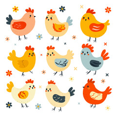 Cute spring collection of chicks, hens, and roosters with flowers in vector style, isolated on white background.