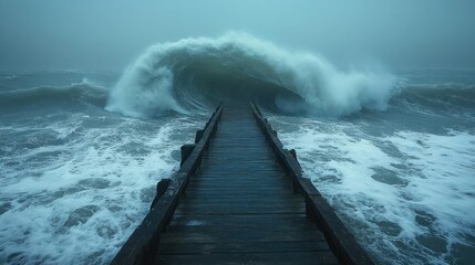 A wooden pier confronts a monstrous wave in a stormy sea