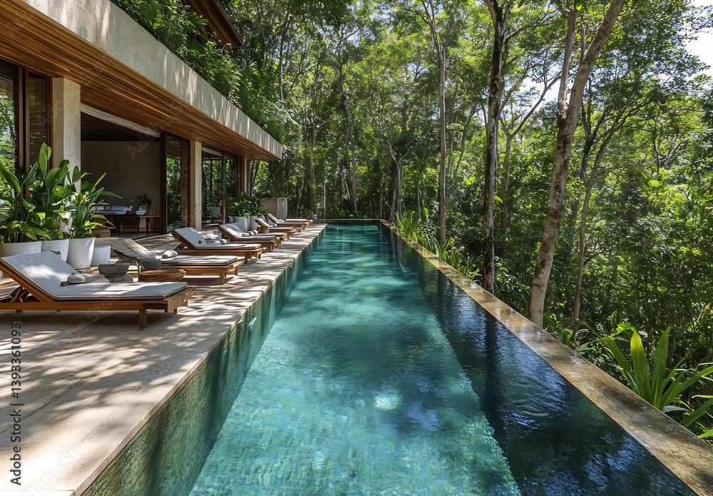 Poster elegant swimming pool designed for relaxation surrounded by vibrant tropical foliage and trees : gen