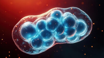 Close-up of a dividing stem cell under a microscope, showcasing blue cytoplasm and glowing red background in a scientific visualization