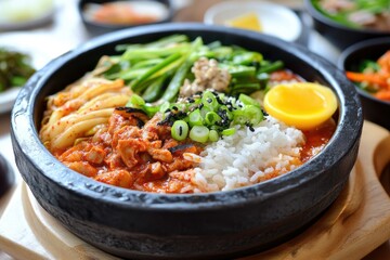 Spicy Korean stew with rice, kimchi, meat, and vegetables in a stone bowl.