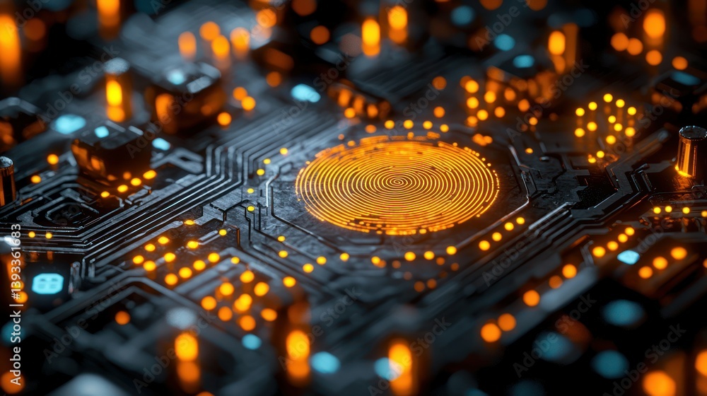 Poster illuminated circuit board with fingerprint design, intricate dark details and glowing nodes