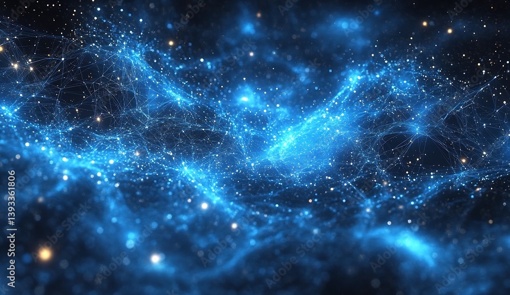 Poster a breathtaking abstract representation of the cosmos with glowing blue particles and intricate conne