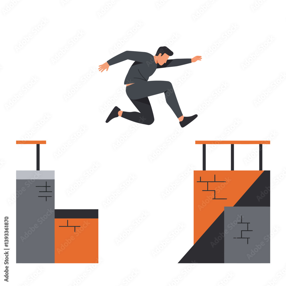 Aufkleber man jumping between two platforms in flat style vector art