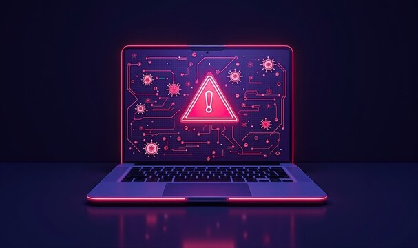 A futuristic laptop displaying a warning sign over a backdrop of digital elements, symbolizing cybersecurity threats and the importance of data protection.