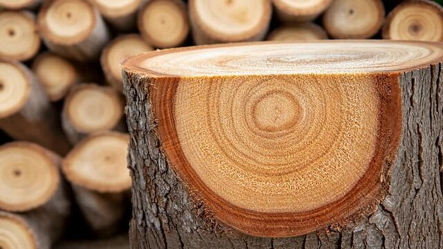 Close-up of freshly cut wood log showcasing growth rings with stacked logs in the background