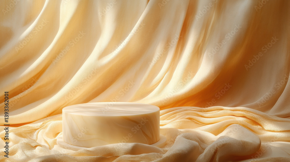 Aufkleber a round podium is placed on a silk cloth, with gold and beige colors, creating an elegant atmosphere