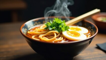 Steaming bowl of ramen noodles, chopsticks, egg, spicy, japan