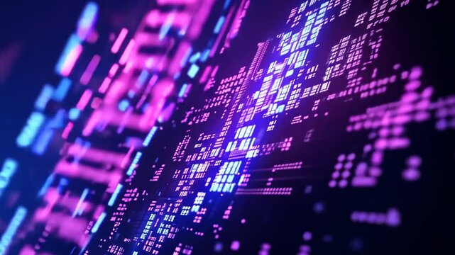 Abstract digital data stream background with glowing binary code and circuit pattern