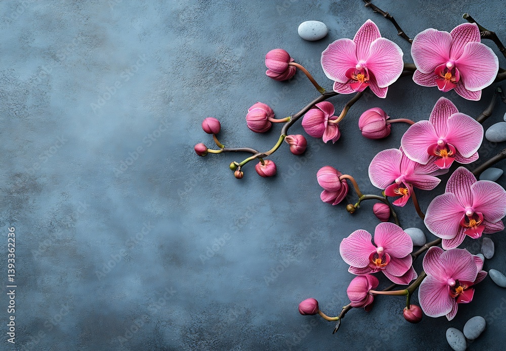 Aufkleber gorgeous display of pink orchids and blossoming buds against a gray stone background : generative ai