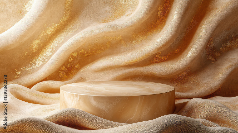 Aufkleber a round podium is placed on a silk cloth, with gold and beige colors, creating an elegant atmosphere