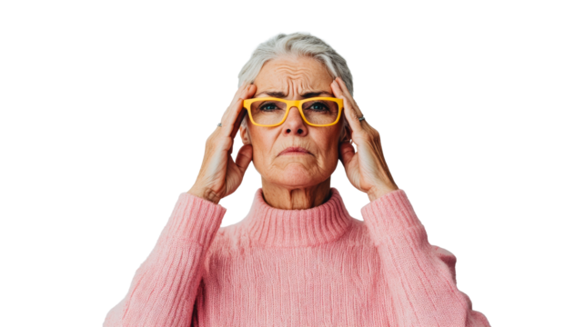 Senior woman with a headache, wearing glasses, cut out transparent