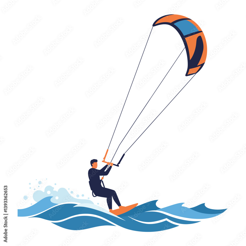 Poster kitesurfer riding waves in dynamic movement minimal vector art