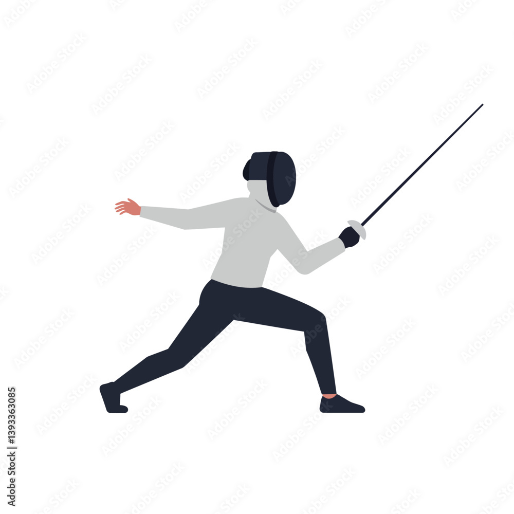 Poster fencer in action with dynamic pose and minimal colors in flat vector illustration