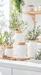 Fototapeta premium Botanical Home Decor: Minimalist White Vases with Rosemary and Almonds on Wooden Board, Serene Kitchen Setting