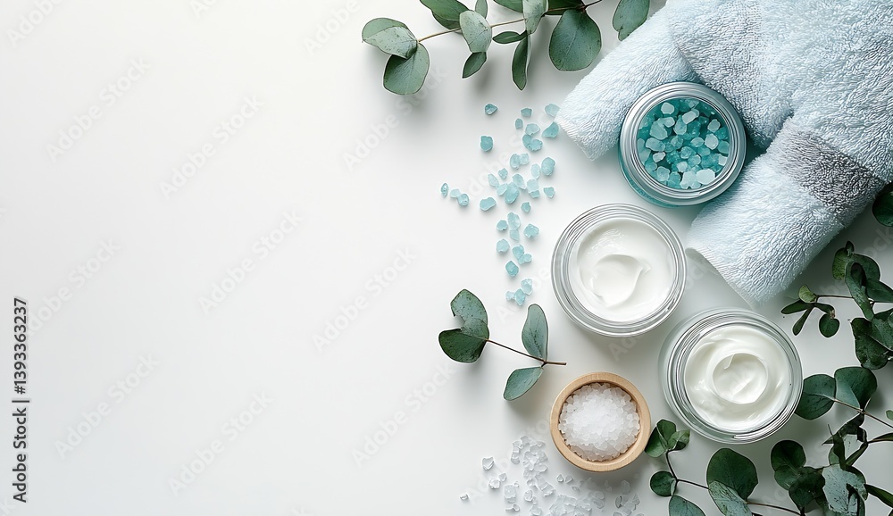 Aufkleber natural skincare setup featuring creams and salts with eucalyptus leaves for refreshing relaxation :