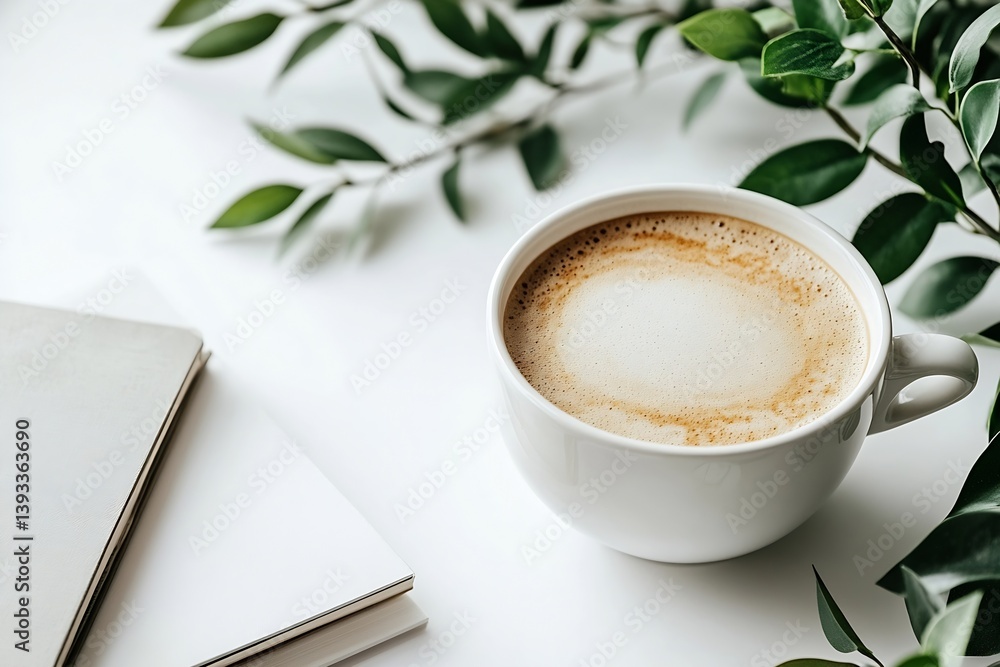 Aufkleber Cozy Coffee Break Flat Lay with Latte Art White Mug Notebook and Greenery for Calm Workspace Ambiance : Generative AI
