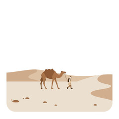 Fototapeta premium Camel walking across a desert landscape in flat vector art style