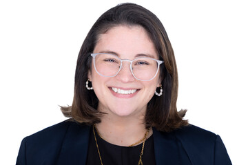 Professional woman smiling in glasses and business attire – modern corporate headshot, confident expression, isolated on white.