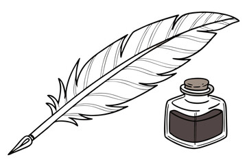 Retro Feather Quill and Ink Bottle Vector Illustration