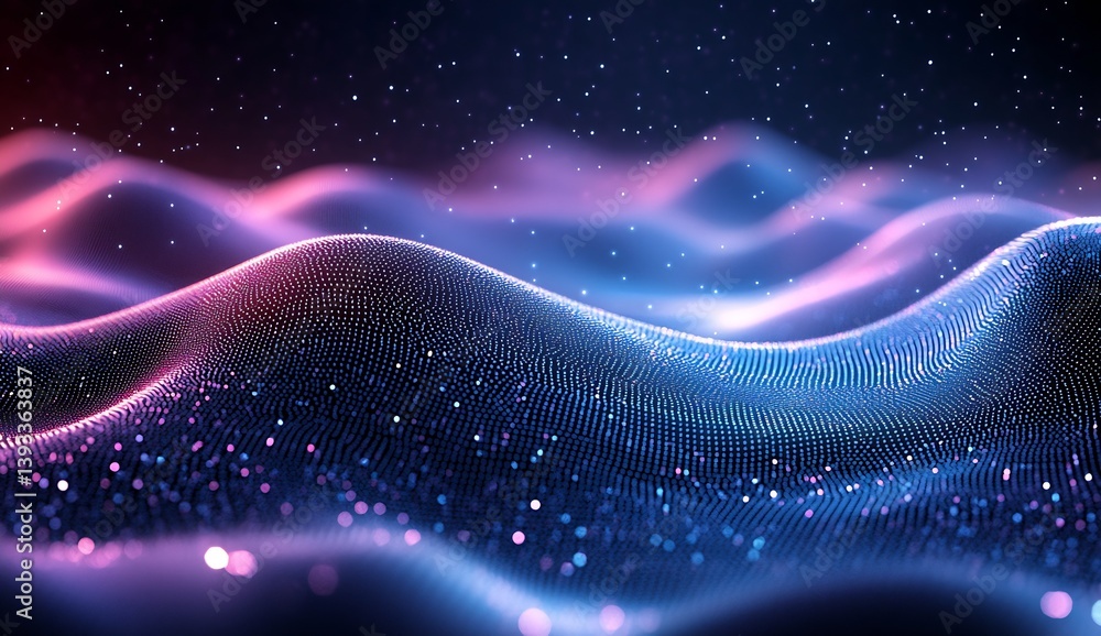 Poster enchanting depiction of swirling waves in a stunning blend of pink and blue tones with speckles of l