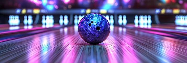 Bowling ball on lane, vibrant neon lighting