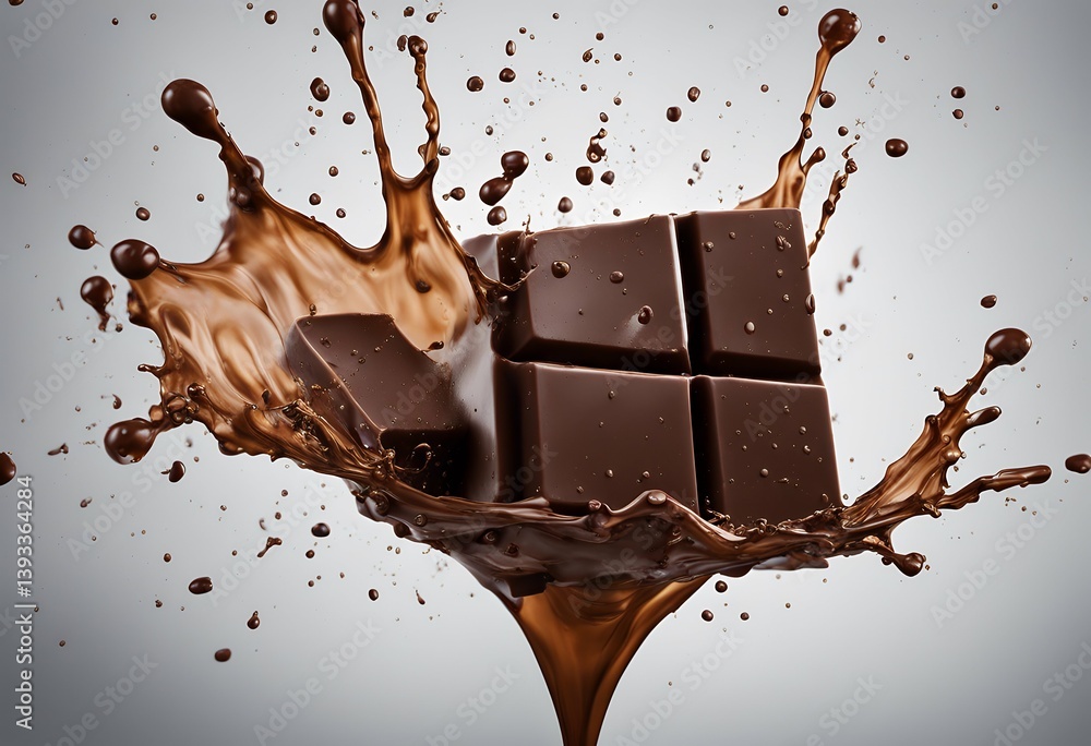 Poster chocolate splash liquid burst splashing blocks dark cocoa delicious design flowing block cube isolat