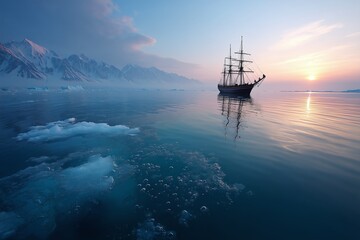 Obraz premium Sailboat sailing on calm sea with icebergs under dawn sky. Seascape of ship sailing with iceberg, creating awe and inspiration for travel and adventure design