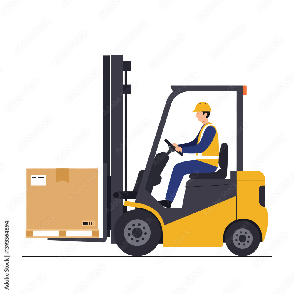 Poster forklift operator maneuvering a box in flat and minimal vector art
