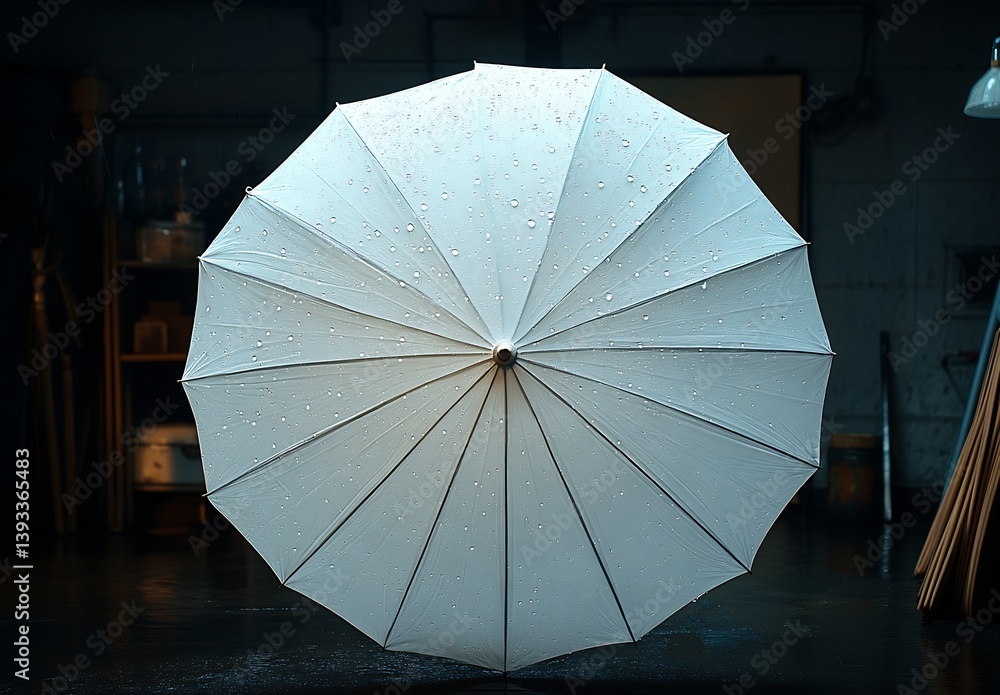 Poster artistic perspective of a white umbrella on a dark wooden floor showcasing raindrops in a unique spa