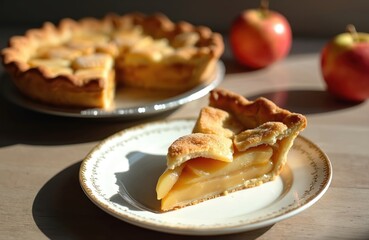 Delicious apple pie with a single slice on plate. Homemade pastry dessert with apple filling. Sweet baked food photography. Top view, close-up on wooden table with apples.