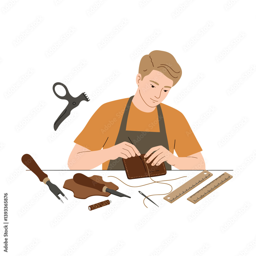 Poster craftsman working on leather project in flat vector art style showcasing tools and materials vector 