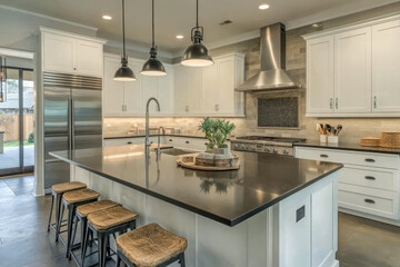 Fototapeta premium A modern kitchen with white matte cabinets, a dark stone backsplash, and a central island offering a bold, functional, and stylish space with seamless appliance integration