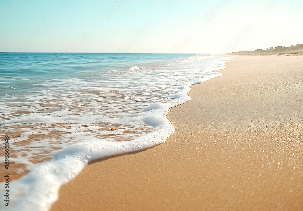 Aufkleber serene beach scene gentle waves lapping sandy shore under clear sky perfect for summer vacation and 
