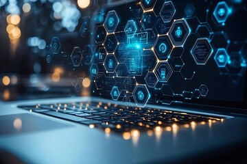 Modern Laptop Displaying Futuristic Data Network Connection and Digital Interface Concept Visualization on Screen : Generative AI