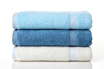 Stack of blue and white bath towels isolated on white background