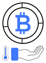 Bitcoin logo encircled, thermometer indicating temperature, open palm gesture. Ideal for cryptocurrency, finance, blockchain, investment, market trends analytics trading. Flat simple metaphor