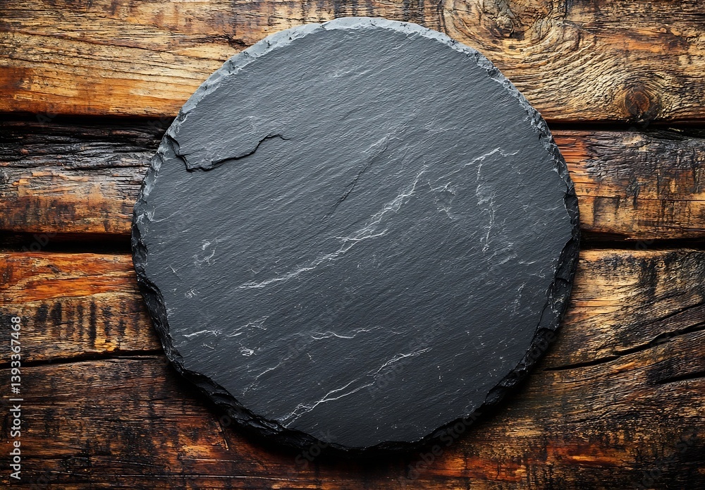 Aufkleber Rustic Dark Slate Plate on Wooden Background Perfect for Food Presentation Menu Design and Culinary Creations : Generative AI
