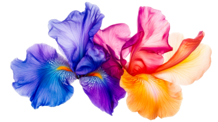 Vivid iris flower cluster in shades of blue, pink, and orange, cut out transparent