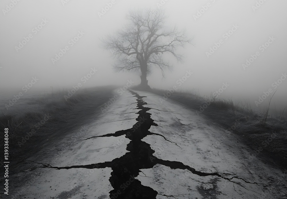 Poster mysterious foggy landscape with a single dark tree and a cracked road leading into the unknown : gen