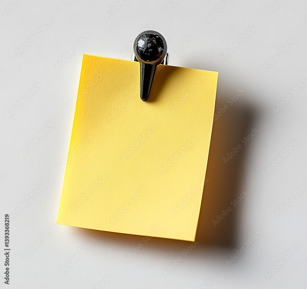 Poster Yellow Sticky Note on White Background with Black Push Pin for Reminders ToDo Lists and Office Supplies : Generative AI