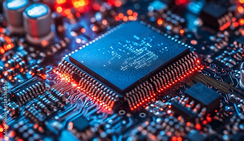 Poster Detailed view of a microprocessor on a circuit board showcasing intricate designs and vibrant colors : Generative AI