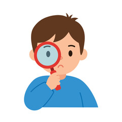 Curious boy with magnifying glass in flat design vector art