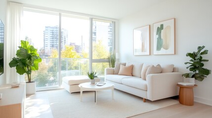 Fototapeta premium Bright, modern living room with city views