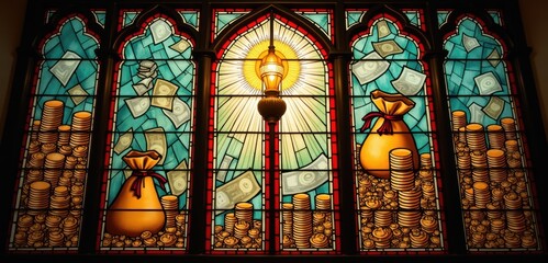 A vibrant stained-glass window depicting wealth, with bags of coins and money. Perfect for finance, investment, or artistic projects.