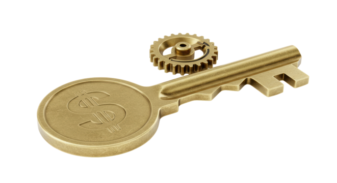 Isolated Golden Key with Dollar Sign and Gear for Financial Success - Powered by Adobe