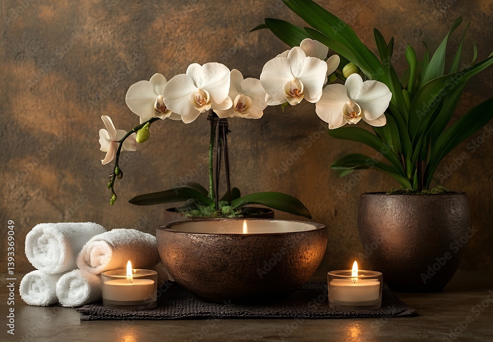 Poster relaxing spa scene with white orchids candles and rolled towels creating a peaceful wellness ambianc