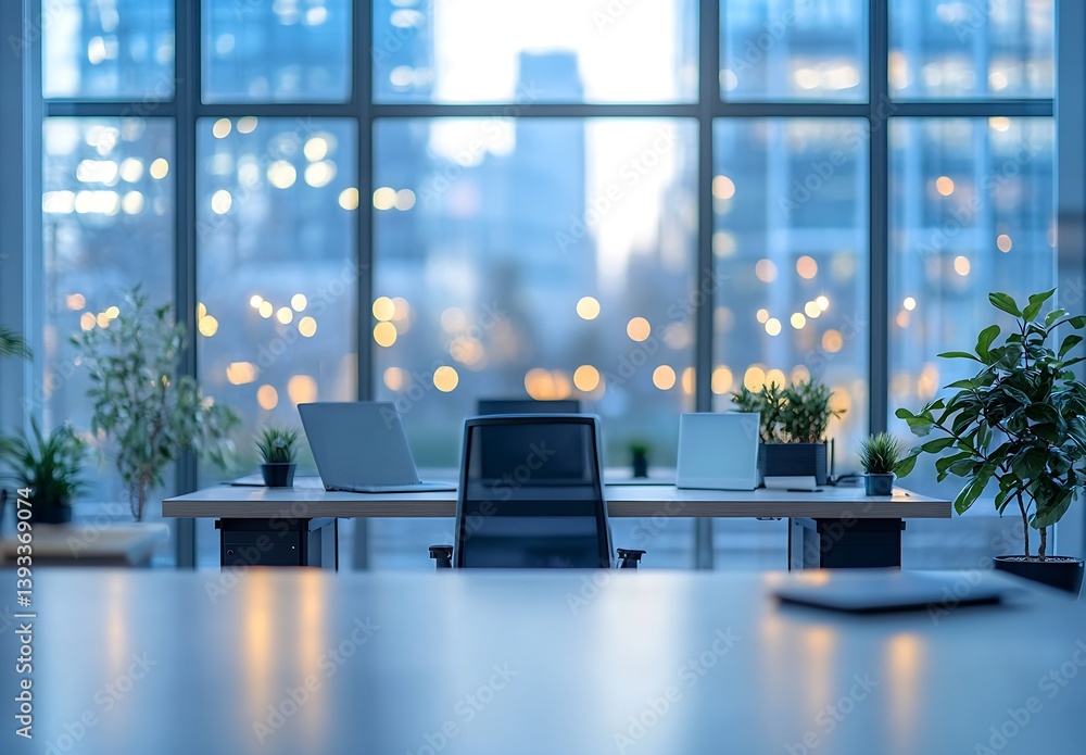 Aufkleber modern open office space with desk laptops and green plants overlooking city lights at twilight : ge